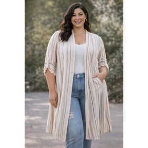 Torrid Linen Blend Stripe Duster Cardigan Roll Tab Sleeve Plus Size 4 4X 26 NEW